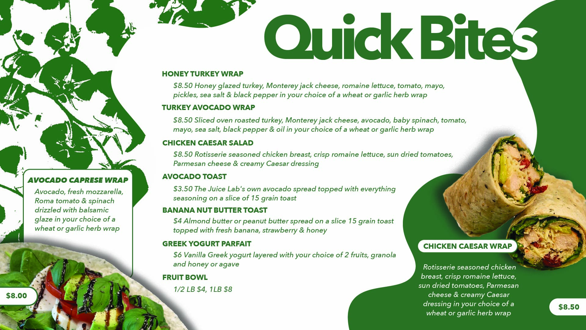 Midtown Juicelab quick bites menu design