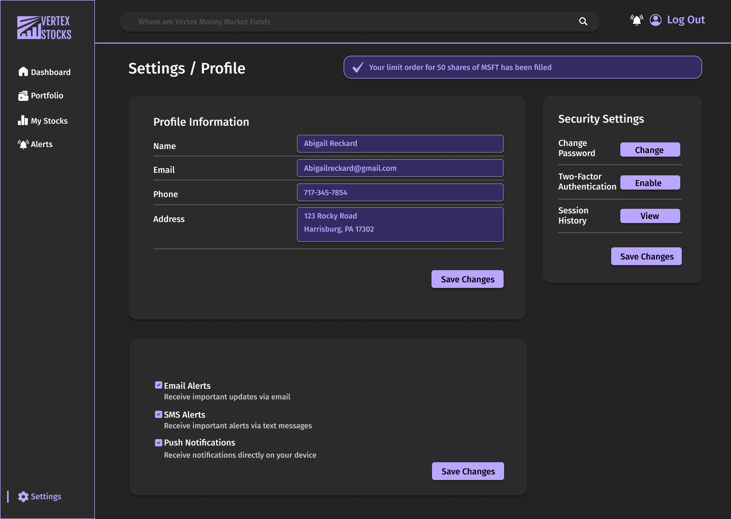 Vertex Stocks dark mode settings page