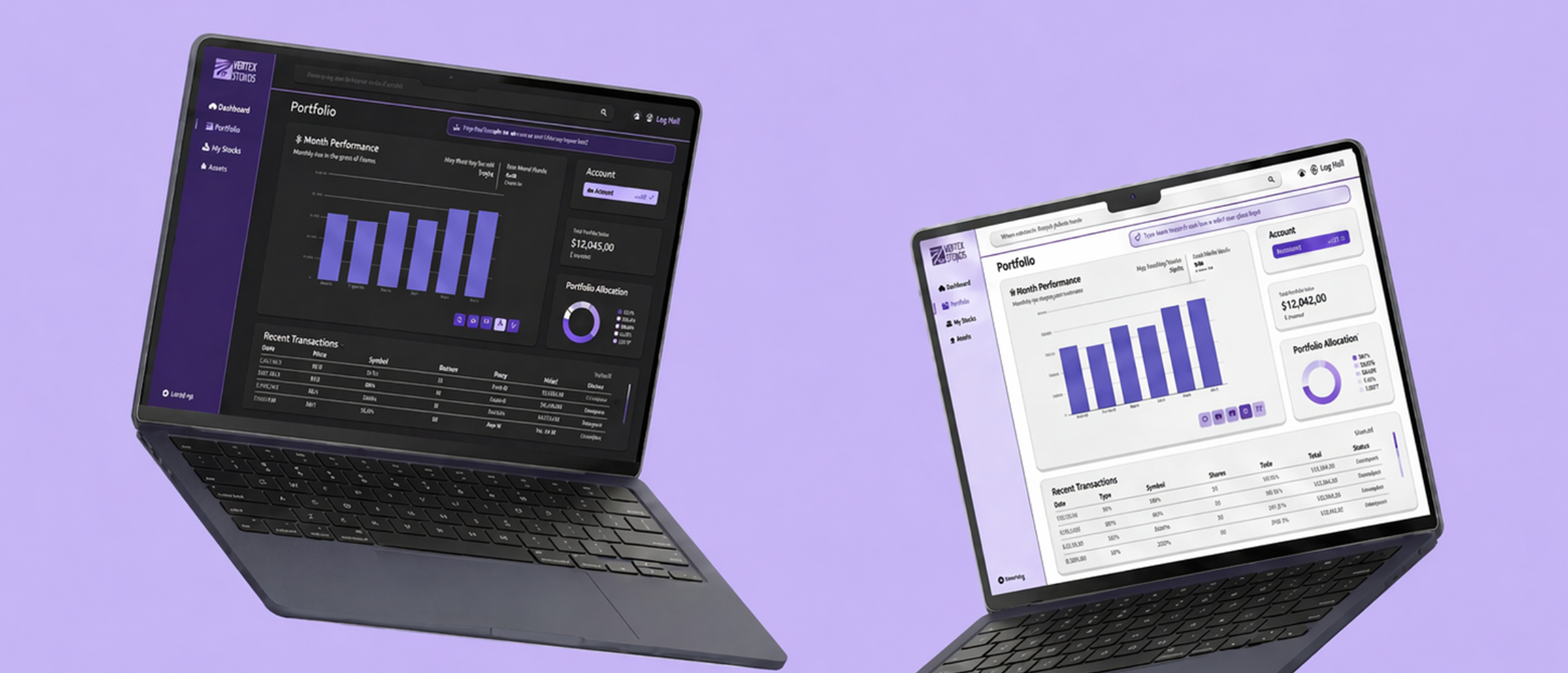 Vertex Stocks dashboard mockup on two laptops